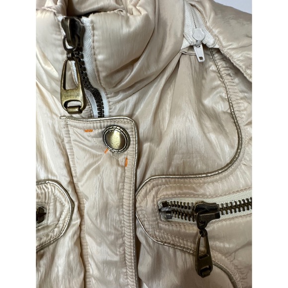 Womens Cream Metallic Hooded Jacket Zip Pockets Moto Style Size M L1.2 - Picture 2 of 10